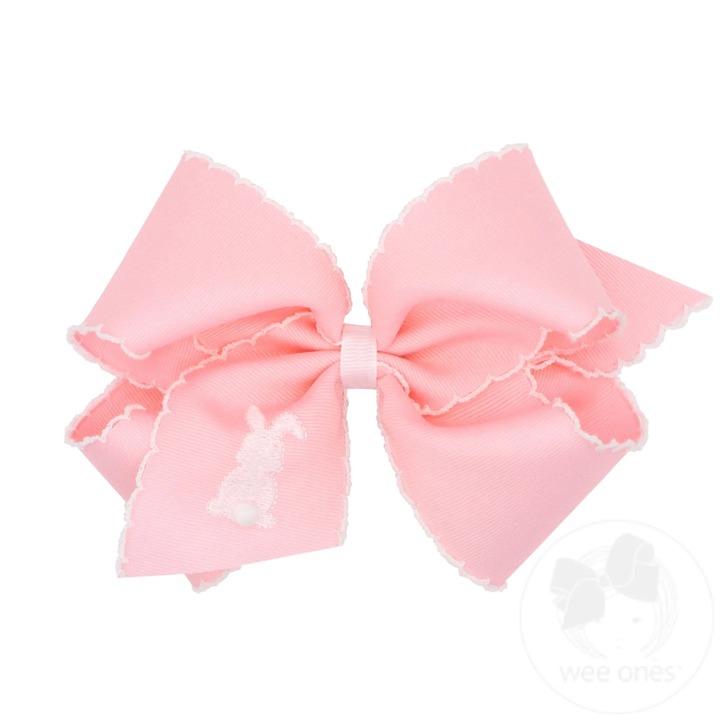 King White Grosgrain Girls Hair Bow with Moonstitch Edge and Easter Embroidery