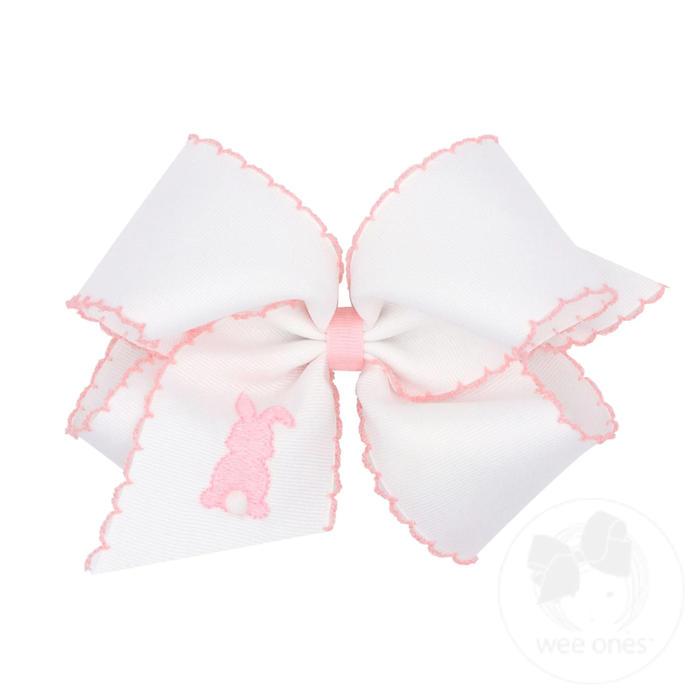 King White Grosgrain Girls Hair Bow with Moonstitch Edge and Easter Embroidery