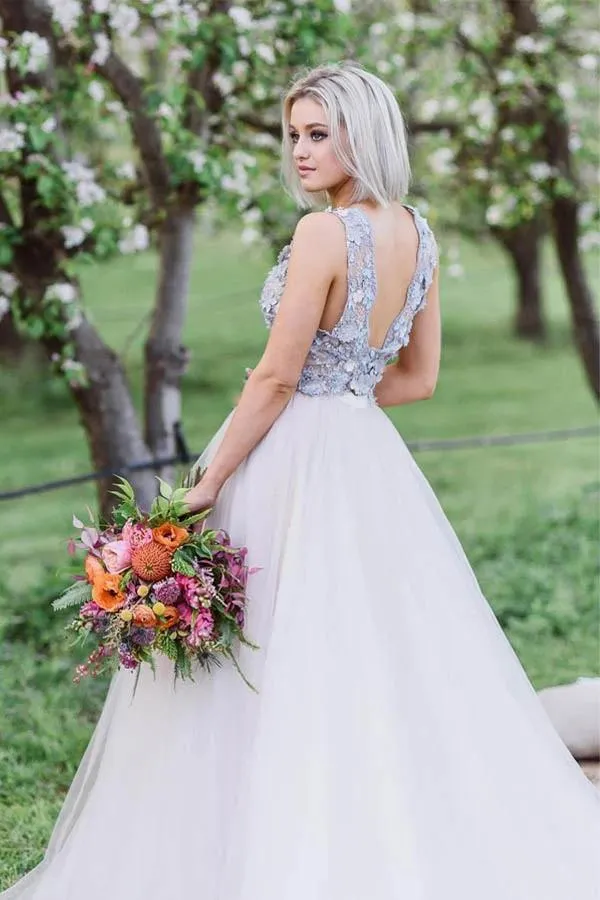 Layered Plunging Neck Tulle Wedding Dress With Colored Appliques
