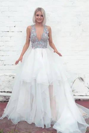 Layered Plunging Neck Tulle Wedding Dress With Colored Appliques