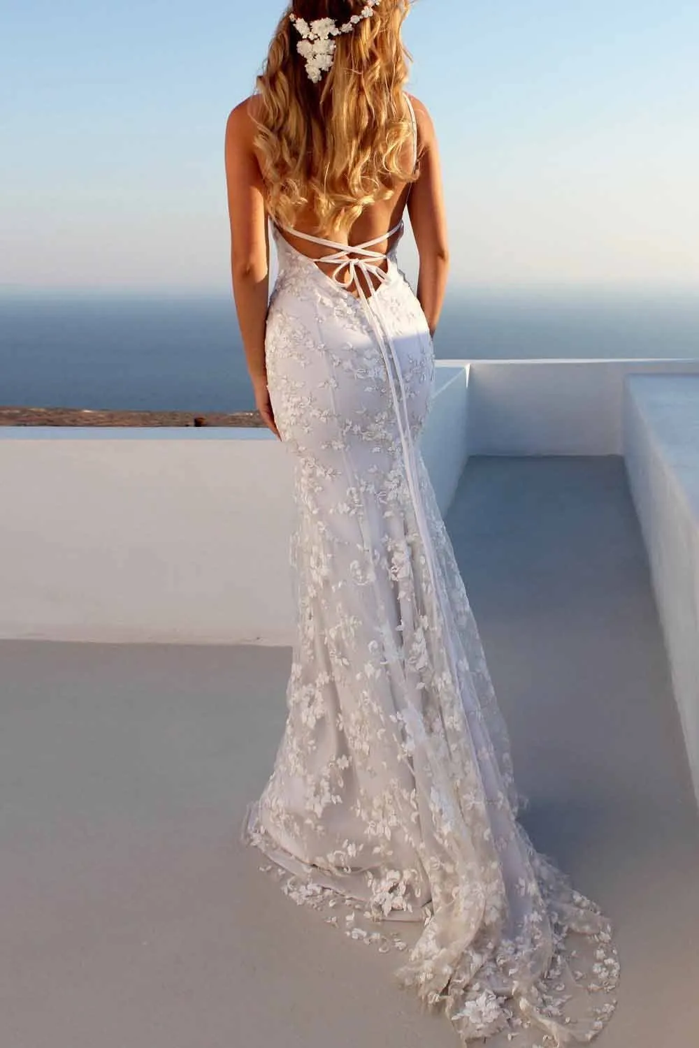 Mermaid Beach Wedding Dress Tight Floral Wedding Dresses With Lace Appliques