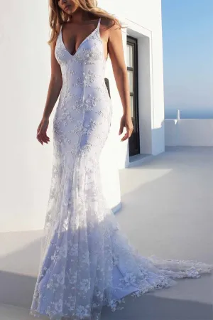 Mermaid Beach Wedding Dress Tight Floral Wedding Dresses With Lace Appliques