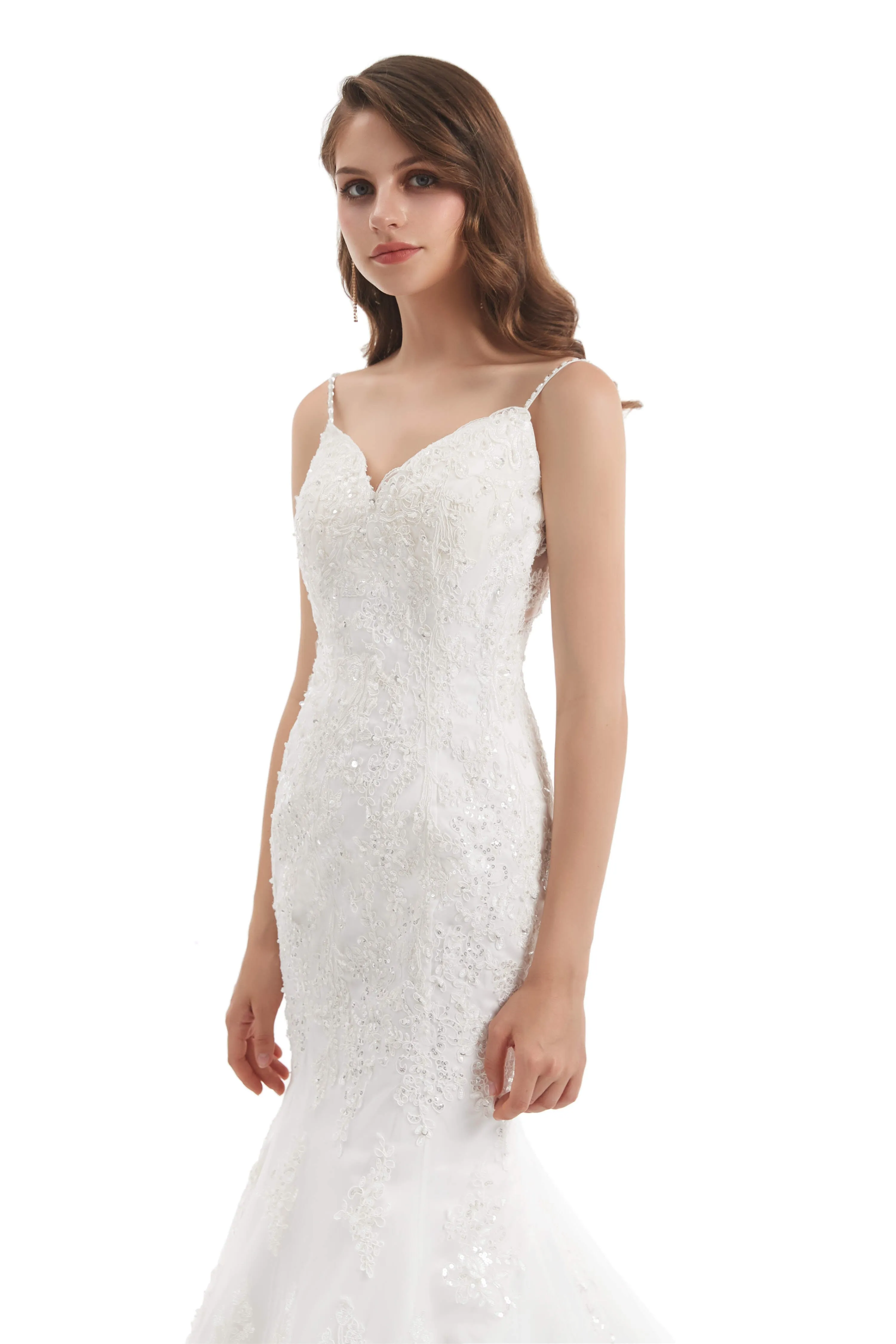 Mermaid Tulle Appliques Sequins Spaghetti Straps Wedding Dresses