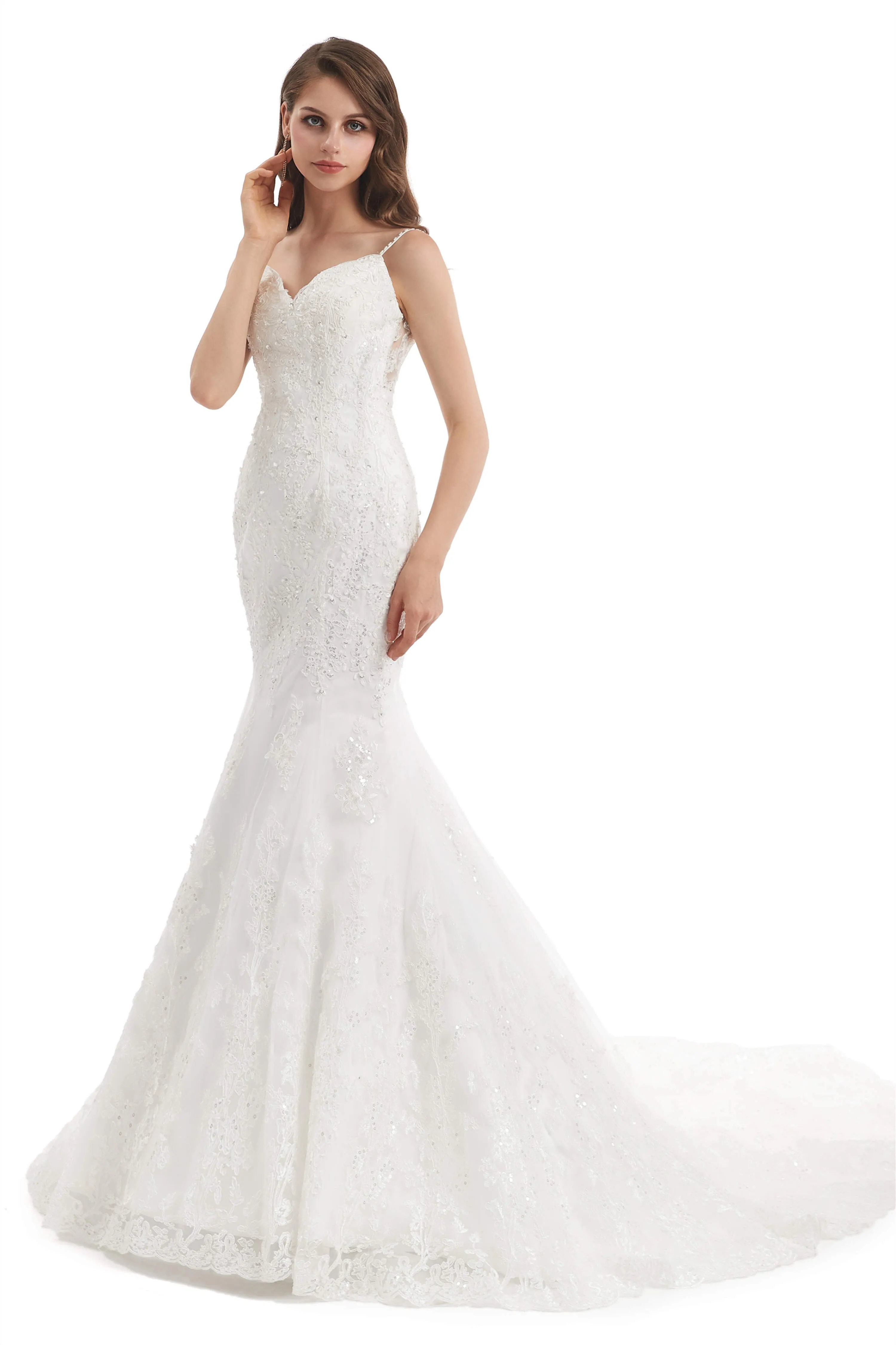Mermaid Tulle Appliques Sequins Spaghetti Straps Wedding Dresses