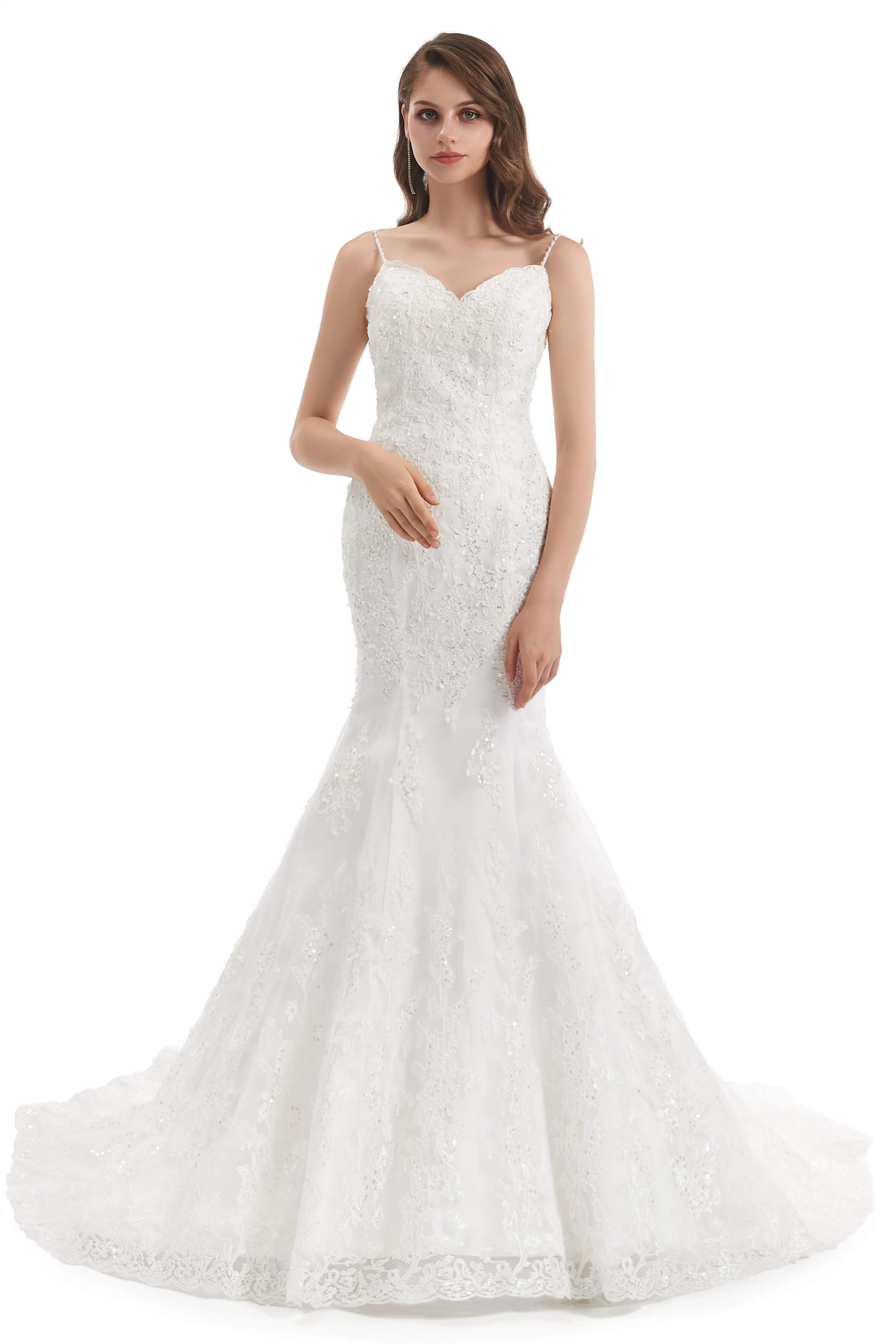 Mermaid Tulle Appliques Sequins Spaghetti Straps Wedding Dresses