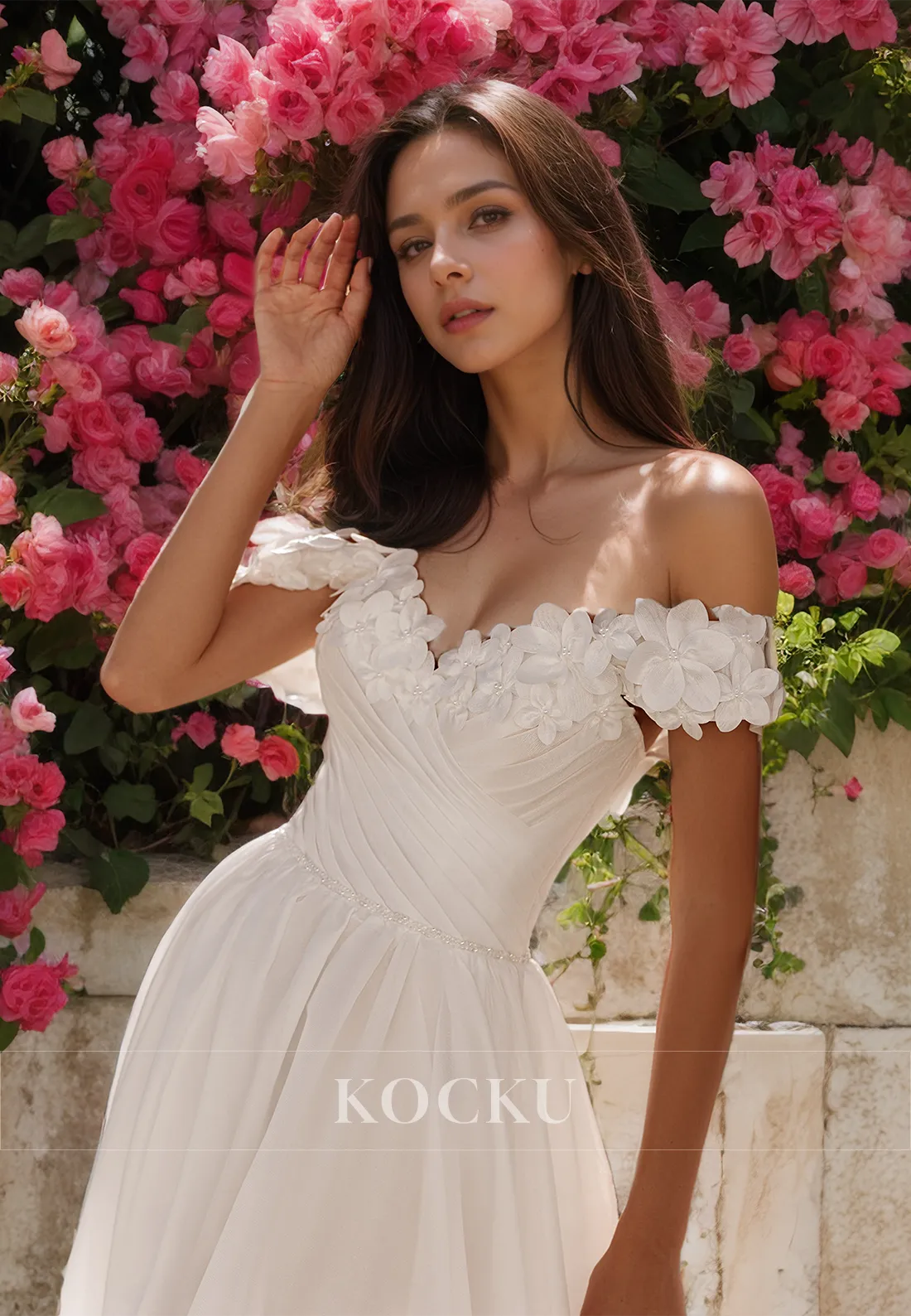 Off-Shoulder A-Line Sweetheart Sleeveless Floral Ruched Satin Wedding Dress with Train Bridal Gowns