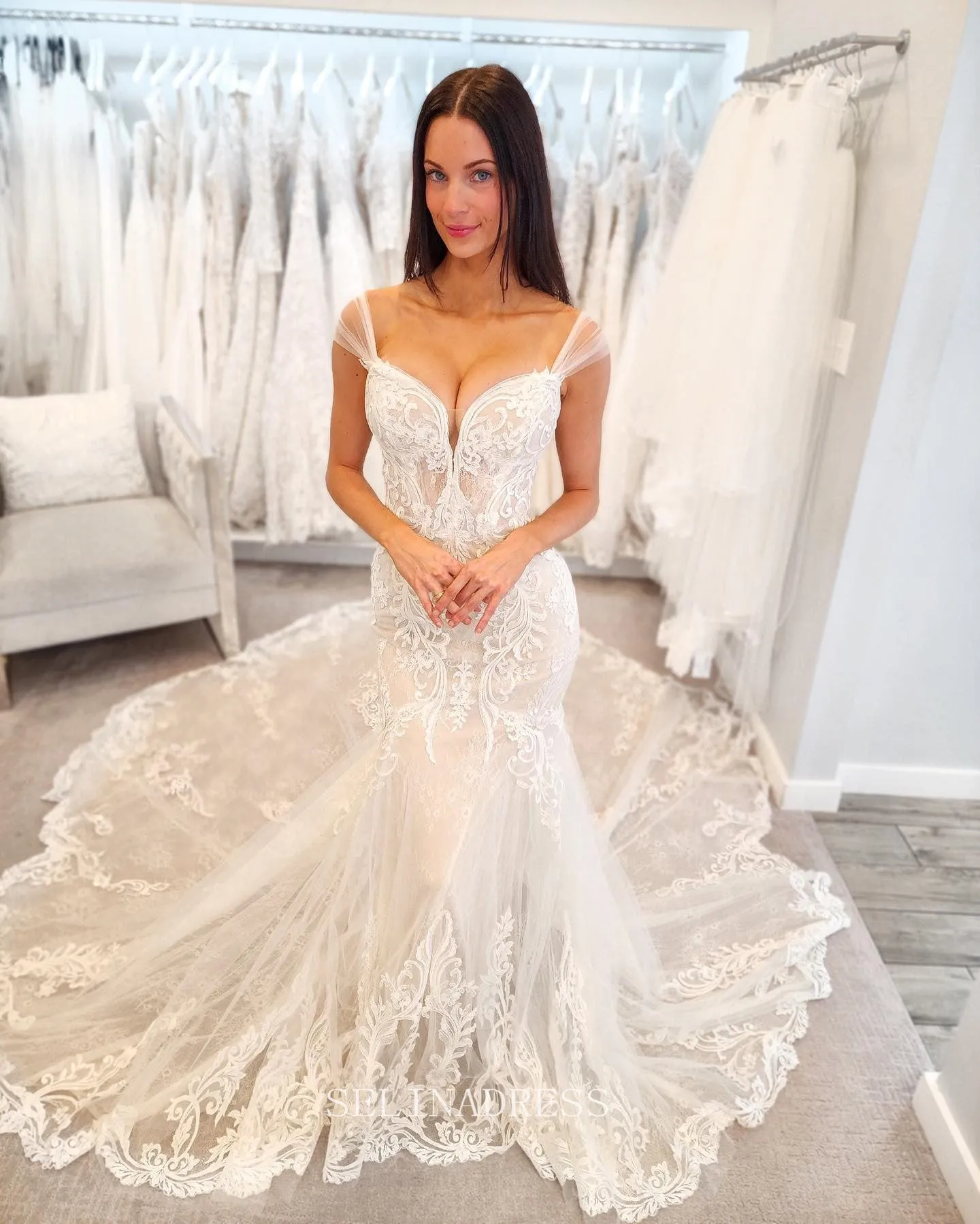 Off-the-shoulder Mermiad Wedding Dresses Rustic Lace Wedding Dress KPY067