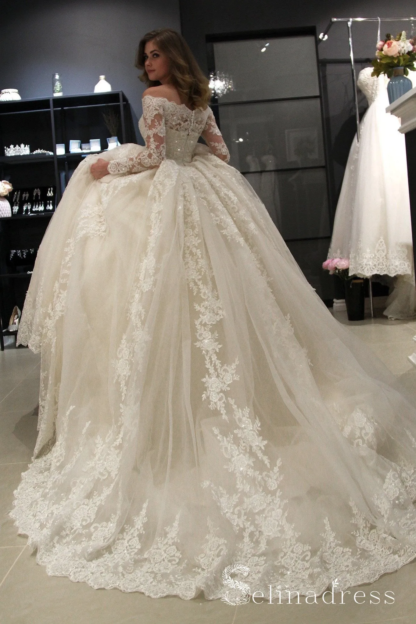 Off-the-shoulder Wedding Dresses Ball Gown Applique Lace Bridal Dress SEW061