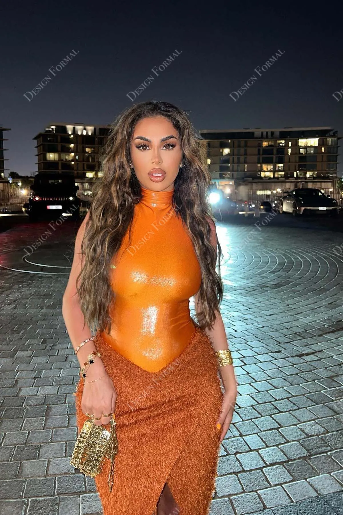 Orange Glitter Feather Basque Waist High Neck Custom Prom Dress