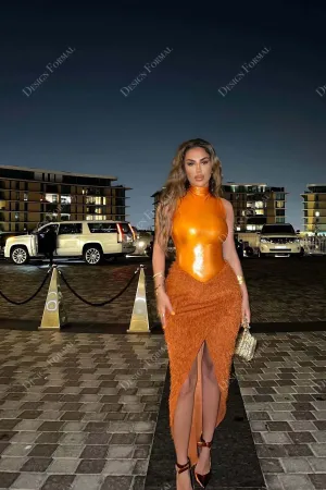 Orange Glitter Feather Basque Waist High Neck Custom Prom Dress