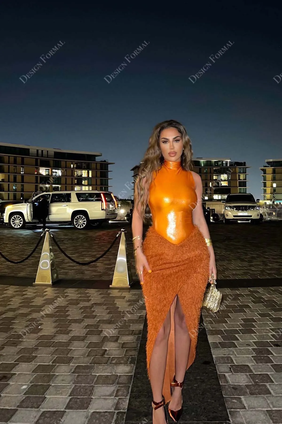Orange Glitter Feather Basque Waist High Neck Custom Prom Dress
