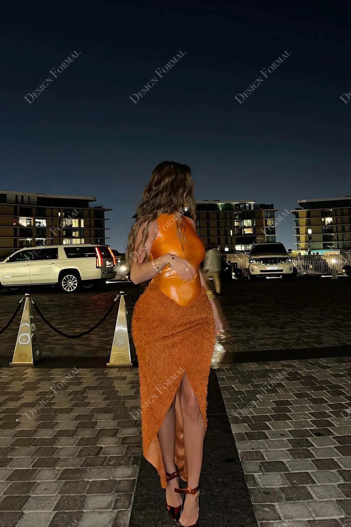 Orange Glitter Feather Basque Waist High Neck Custom Prom Dress