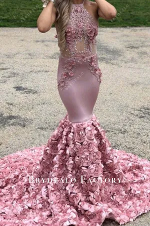 Pink Halter Lace Appliques 3D Roses Trumpet Prom Dress
