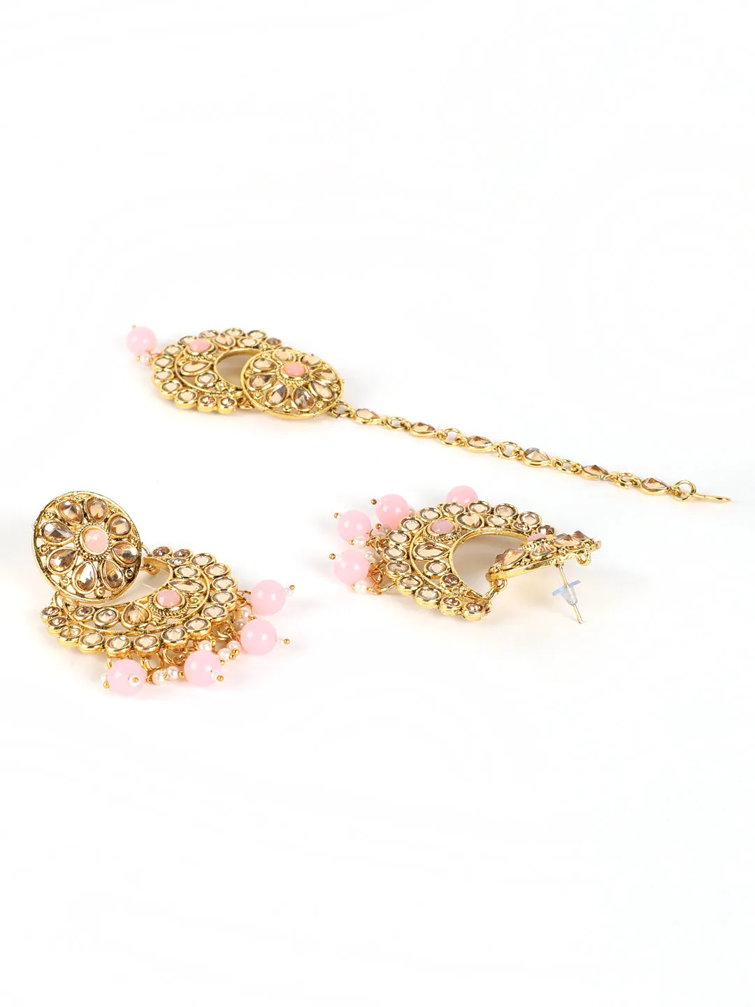 Pink Pearls Kundan Beads Gold Plated Choker Set With Maangtika