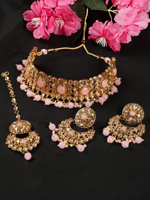 Pink Pearls Kundan Beads Gold Plated Choker Set With Maangtika