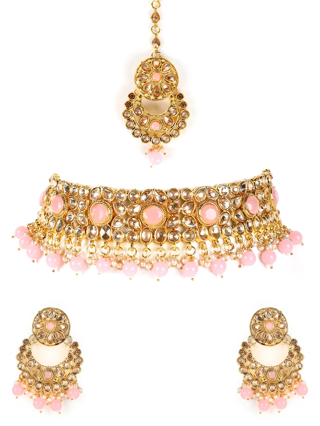 Pink Pearls Kundan Beads Gold Plated Choker Set With Maangtika