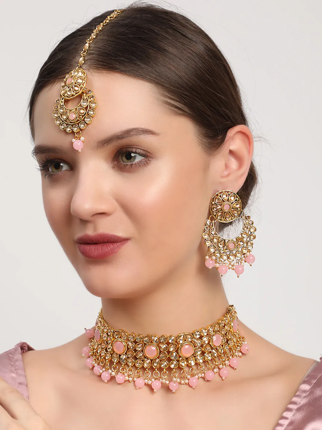Pink Pearls Kundan Beads Gold Plated Choker Set With Maangtika