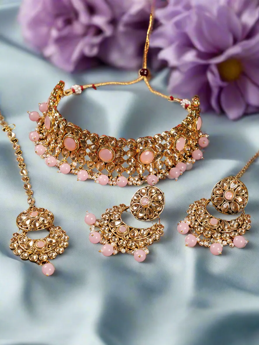 Pink Pearls Kundan Beads Gold Plated Choker Set With Maangtika