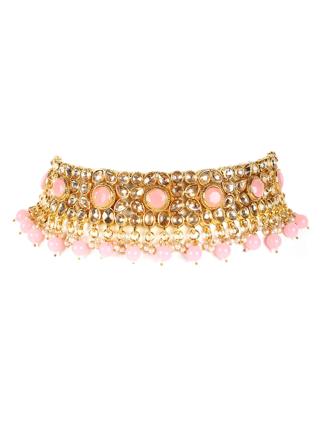Pink Pearls Kundan Beads Gold Plated Choker Set With Maangtika