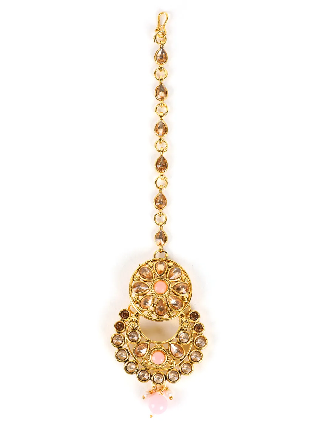 Pink Pearls Kundan Beads Gold Plated Choker Set With Maangtika