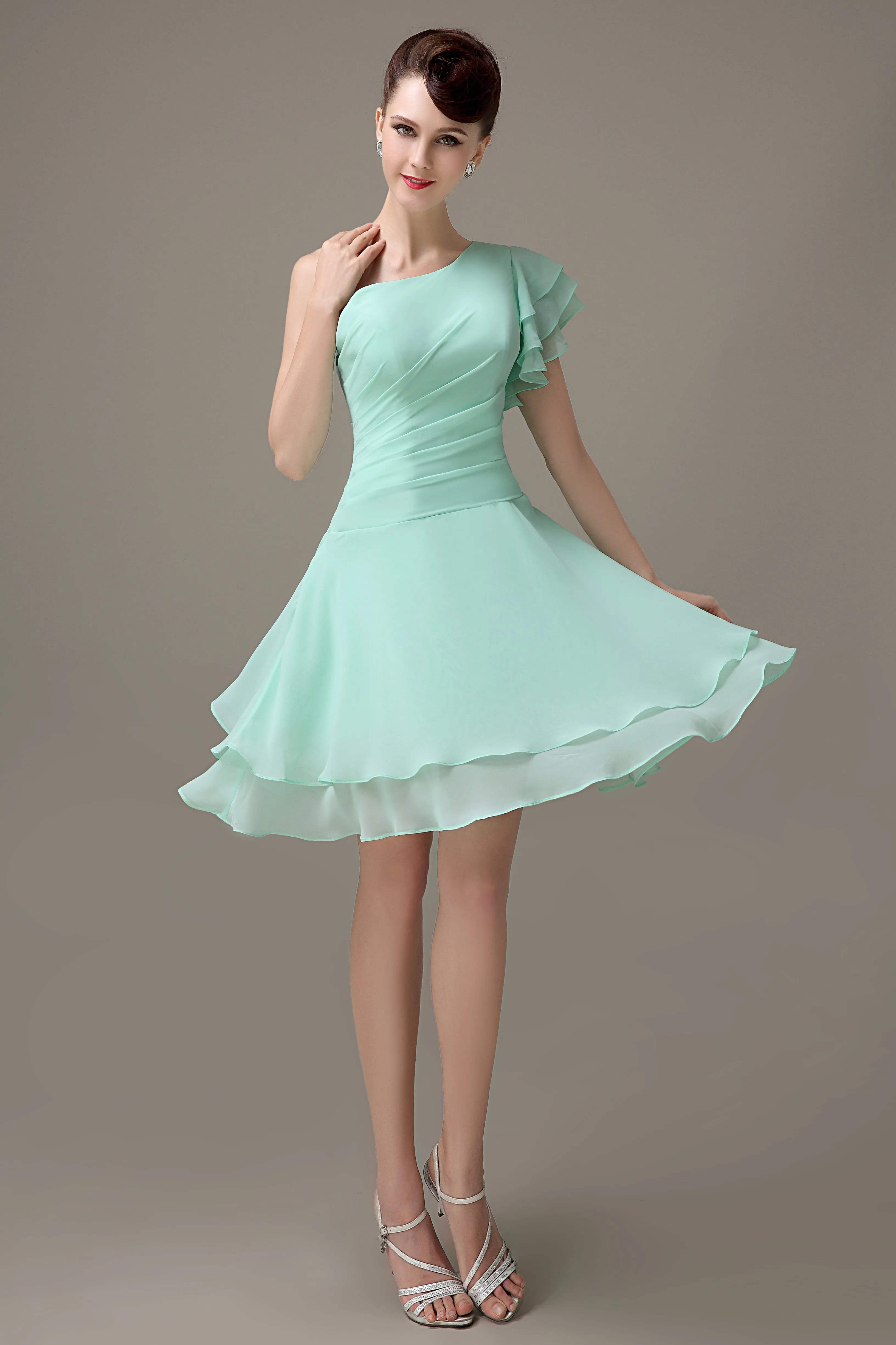 Popular A-line Chiffon One Shoulder Ruffle Sleeves Short Bridesmaid Dresses