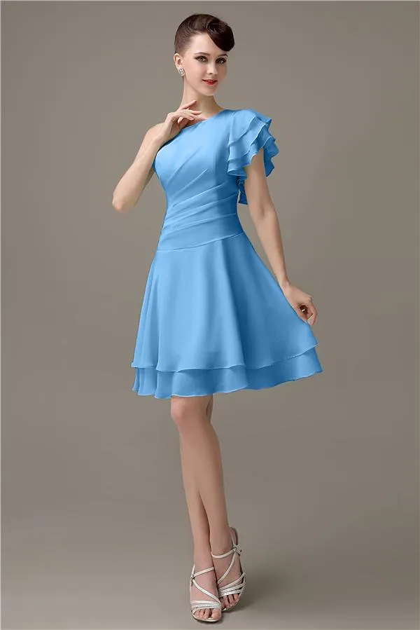 Popular A-line Chiffon One Shoulder Ruffle Sleeves Short Bridesmaid Dresses