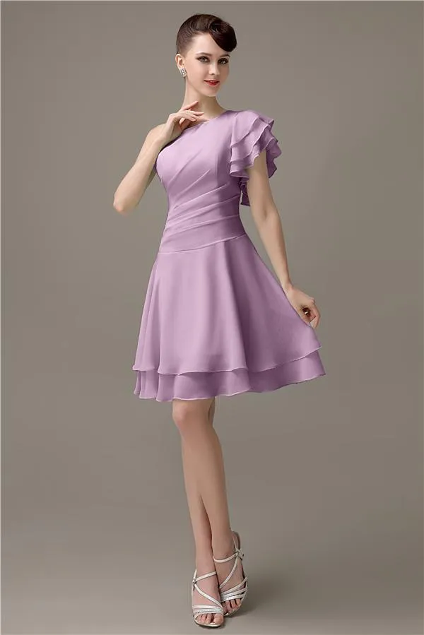 Popular A-line Chiffon One Shoulder Ruffle Sleeves Short Bridesmaid Dresses