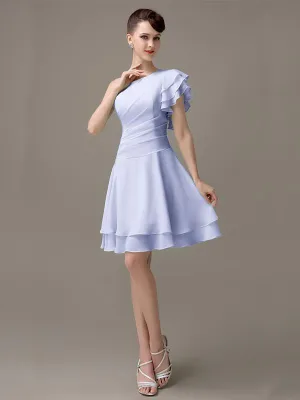 Popular A-line Chiffon One Shoulder Ruffle Sleeves Short Bridesmaid Dresses