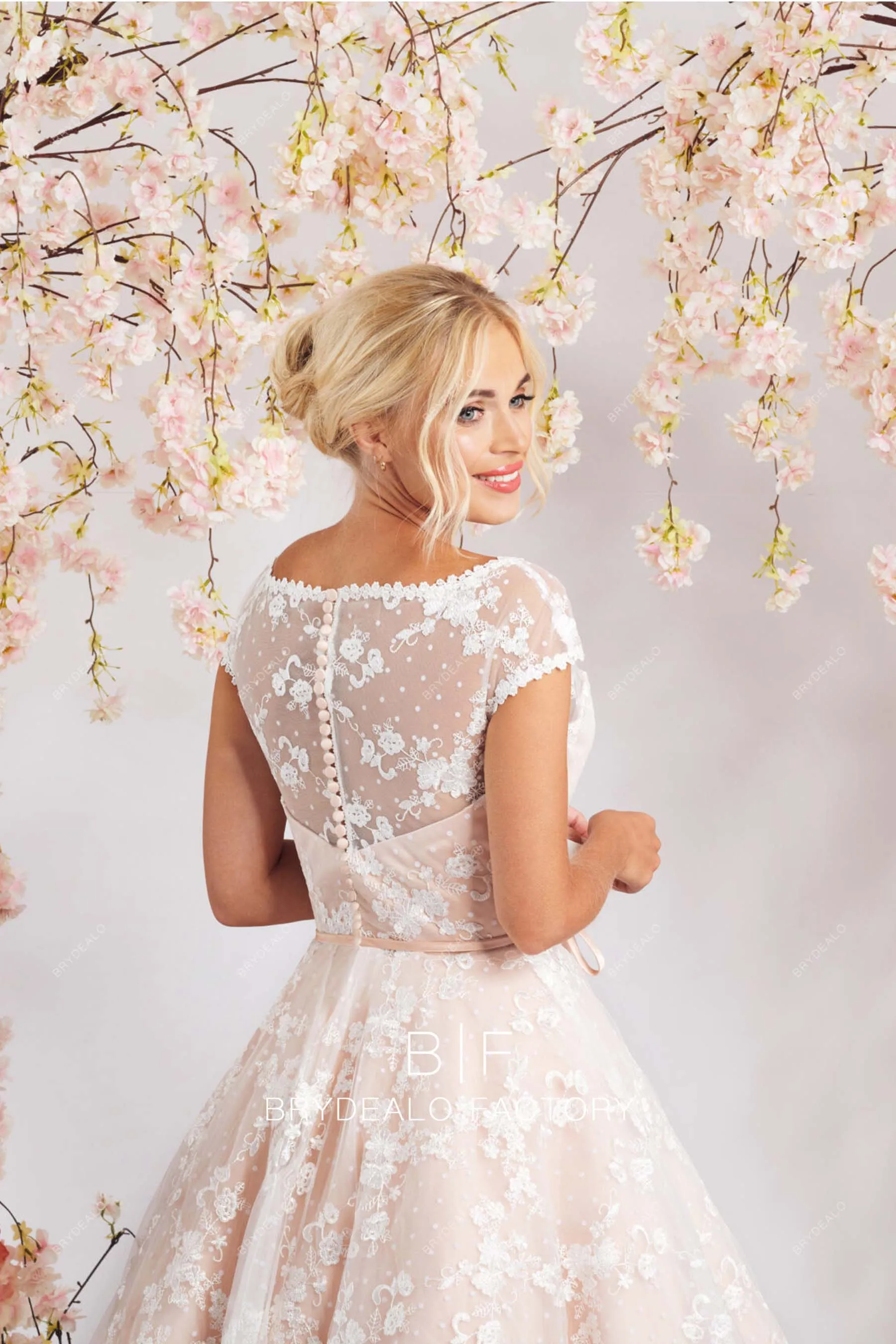 Pretty Lace Blush Pink Tea Length Illusion Neck Wedding Dress