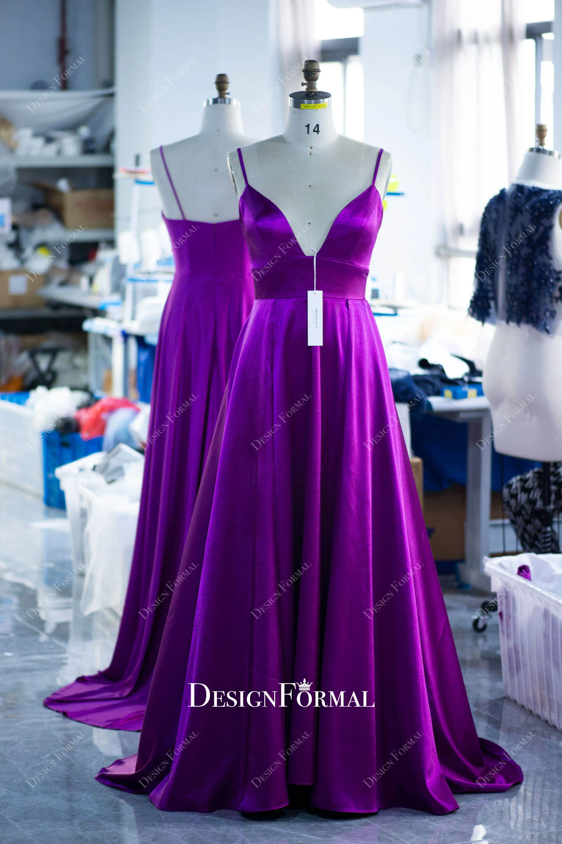 Raspberry Silky Satin Simple Spaghetti Straps V-neck Prom Dress