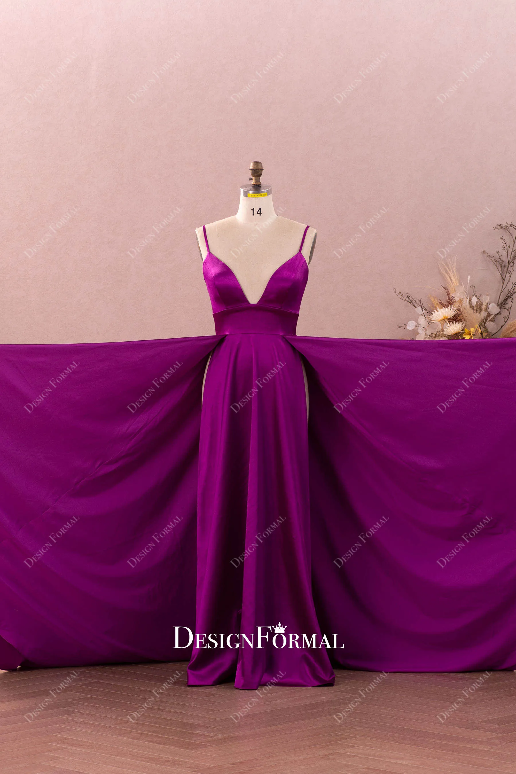 Raspberry Silky Satin Simple Spaghetti Straps V-neck Prom Dress