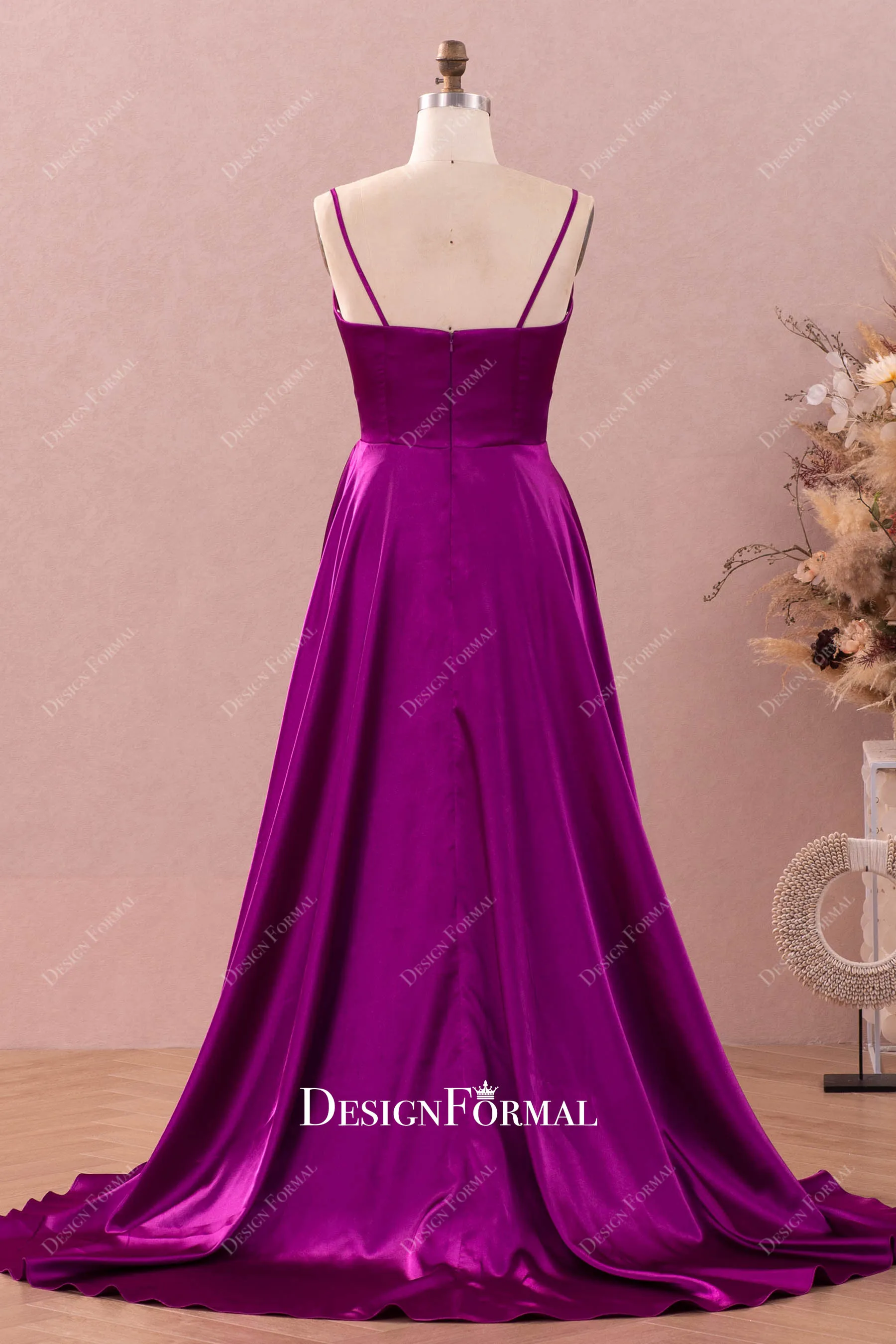 Raspberry Silky Satin Simple Spaghetti Straps V-neck Prom Dress