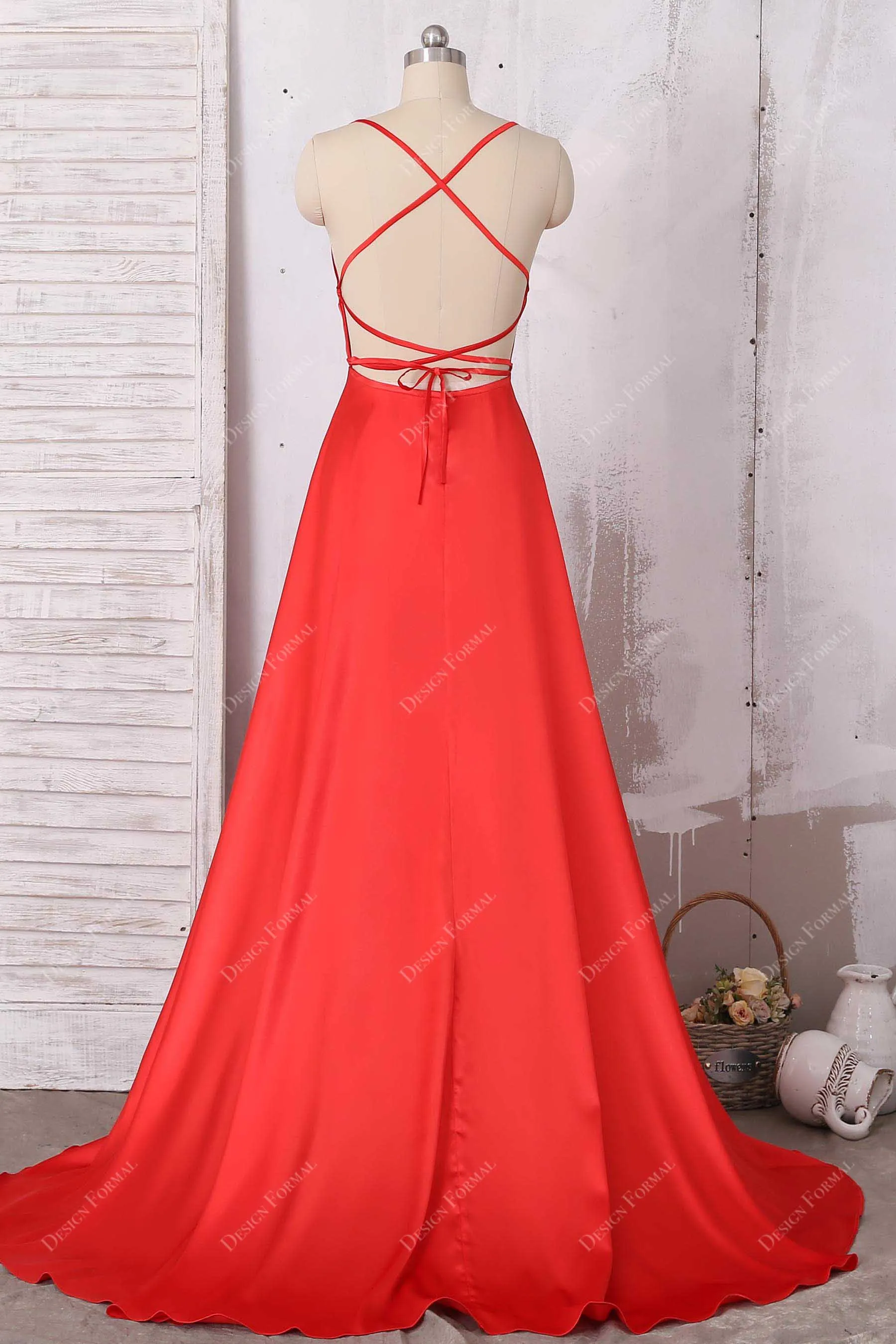 Red Charmeuse Spaghetti Straps Simple Empire Formal Dress