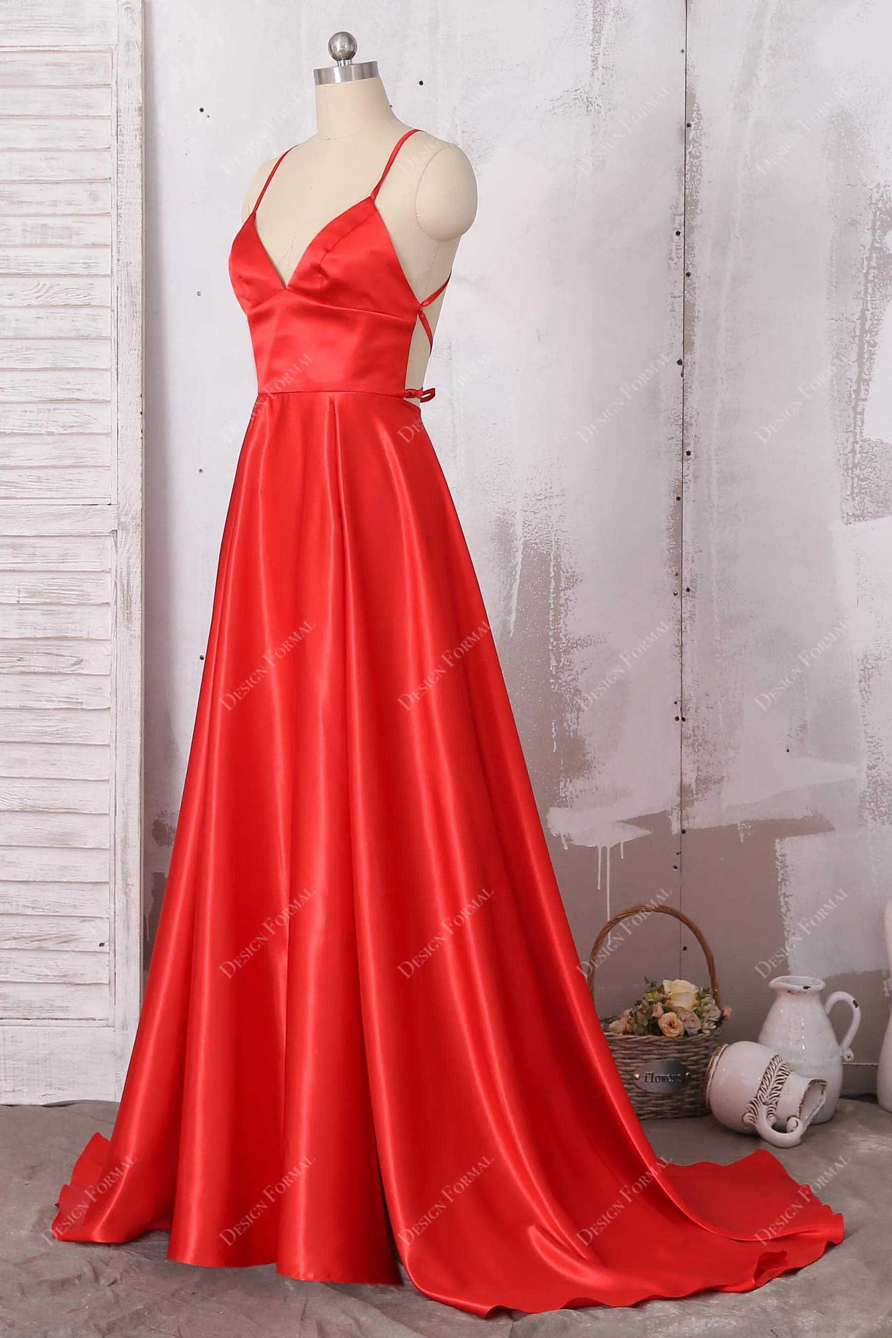 Red Charmeuse Spaghetti Straps Simple Empire Formal Dress