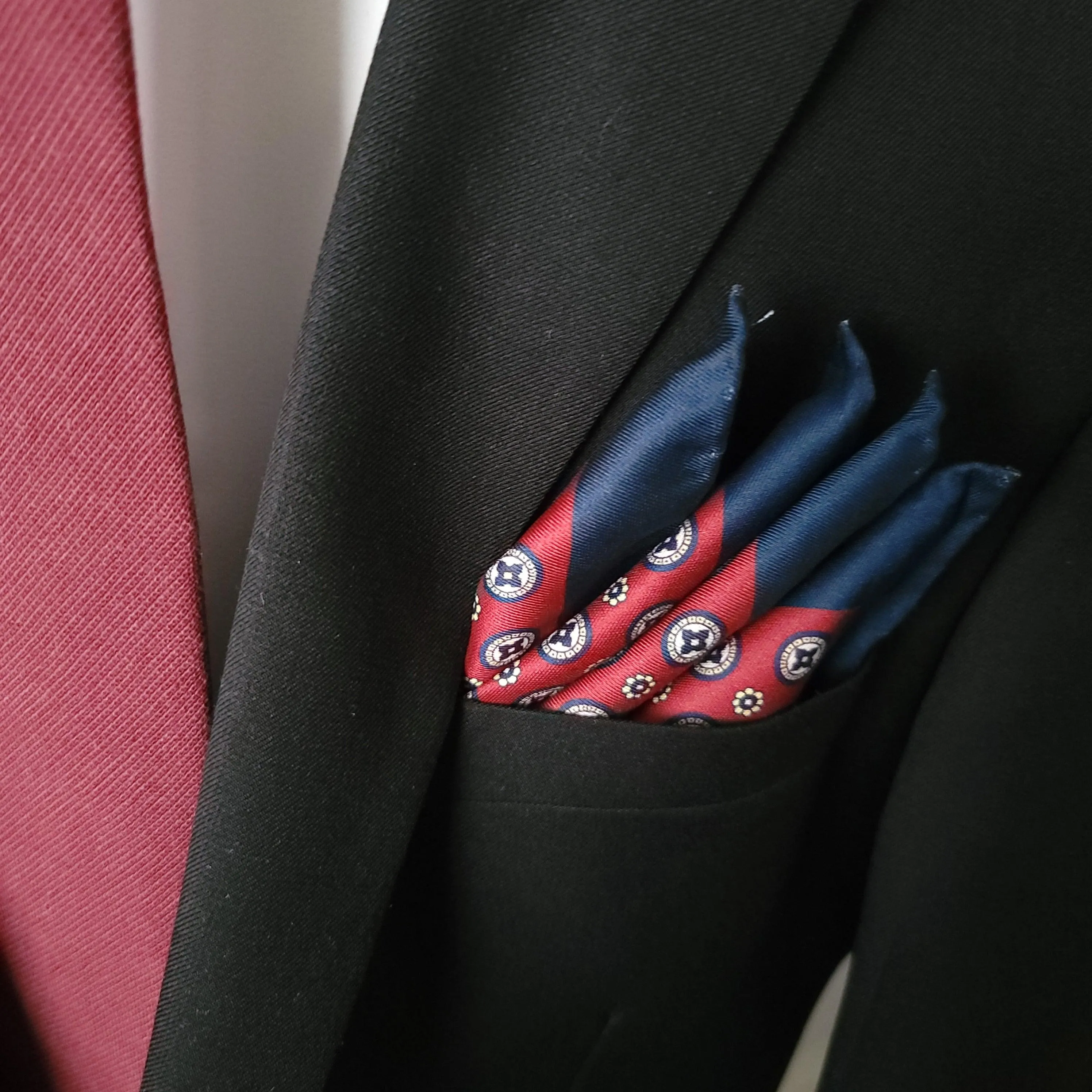 Red Navy Blue Floral Stylish and Elegant Silk Pocket Square