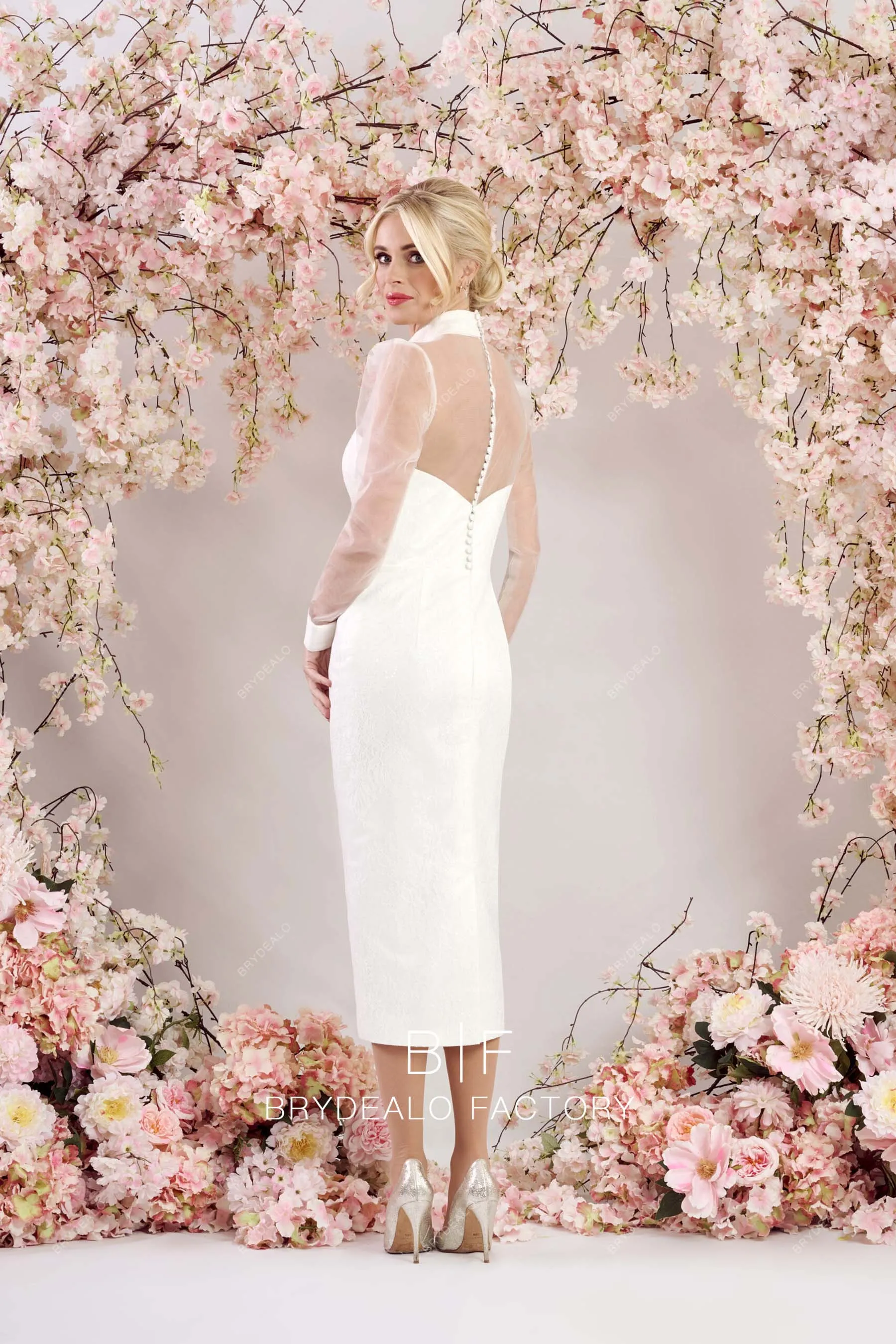 Retro Mock Neck Long Sleeves Tea Length Pencil Wedding Dress