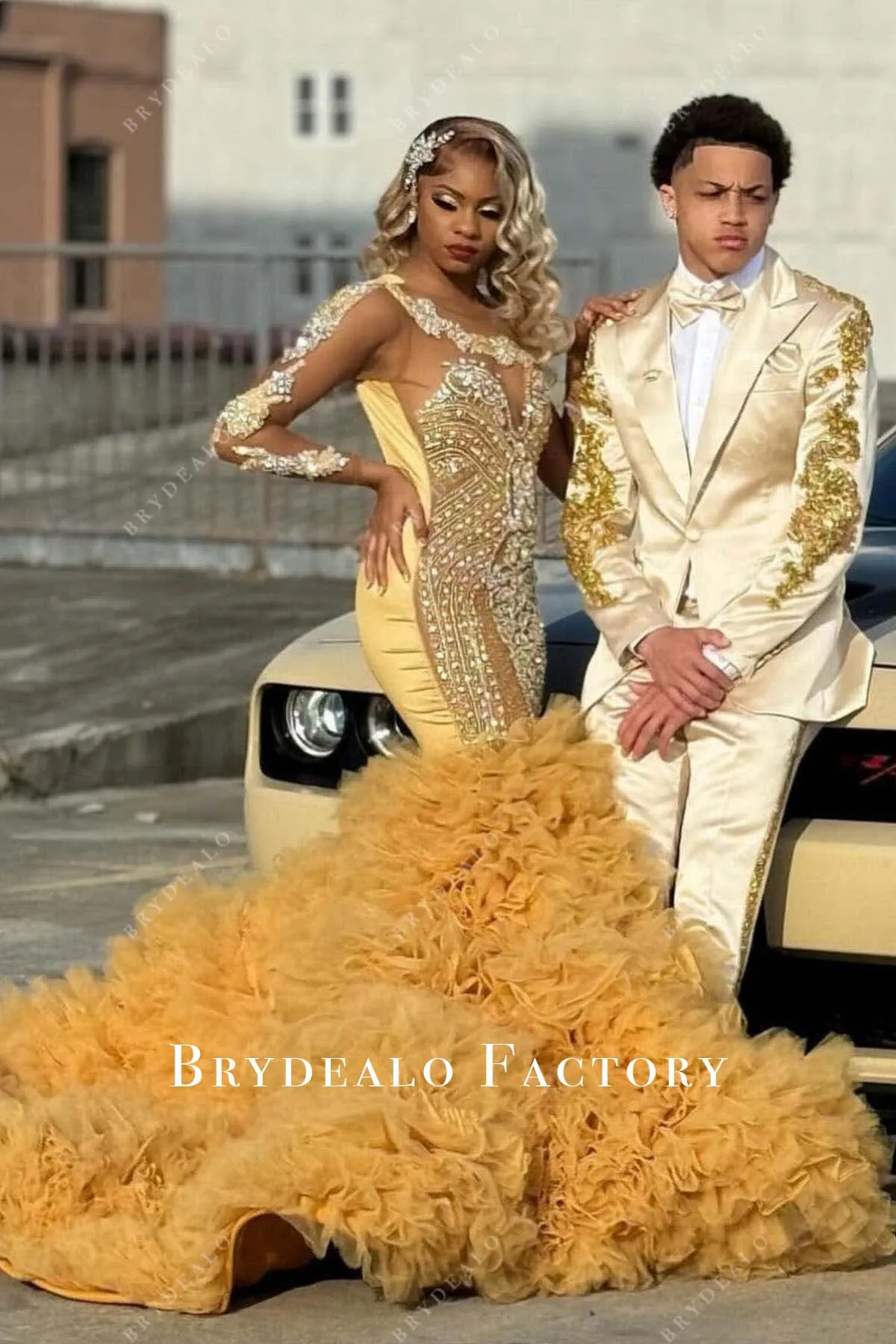 Rhinestones Sheer One Sleeve Gold Ruffled Tulle Prom Dress