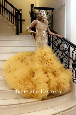 Rhinestones Sheer One Sleeve Gold Ruffled Tulle Prom Dress