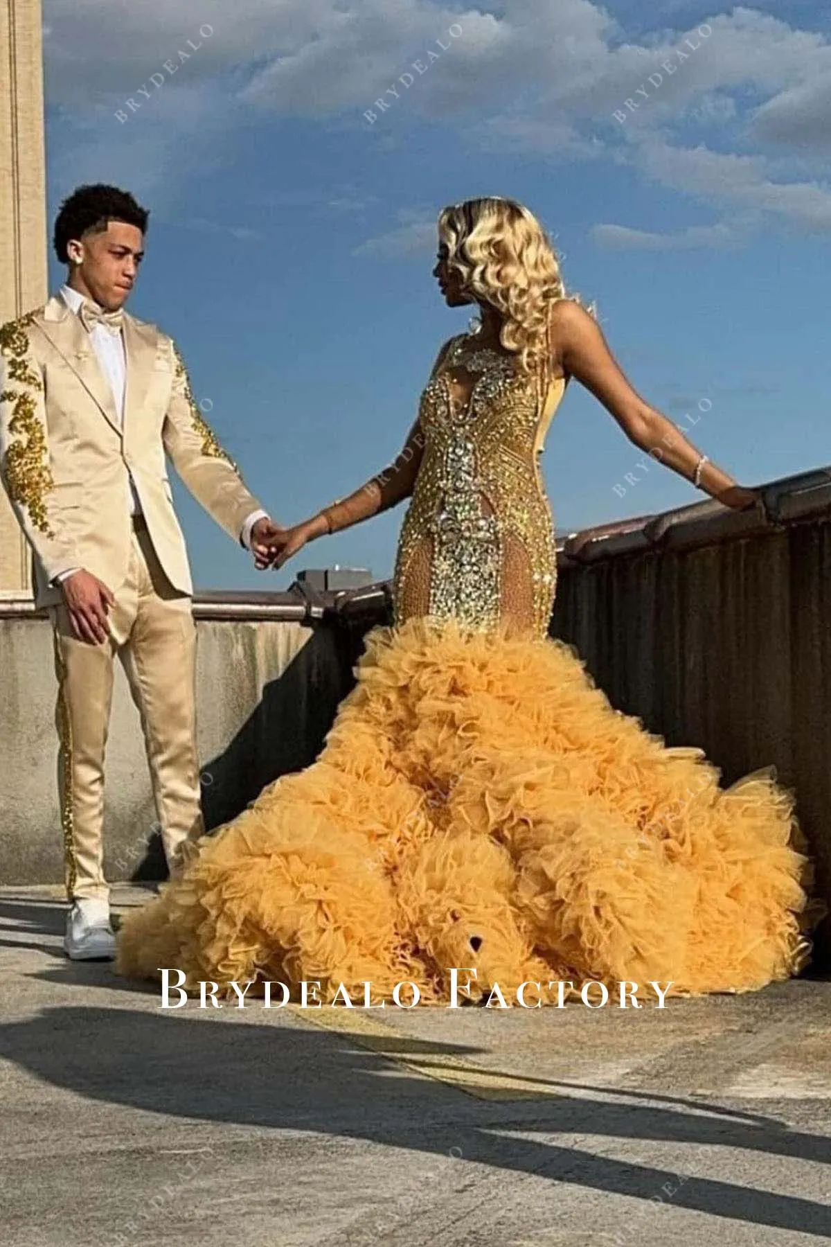 Rhinestones Sheer One Sleeve Gold Ruffled Tulle Prom Dress