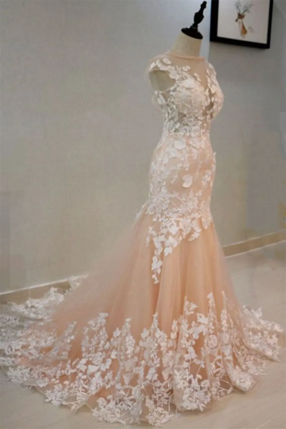 Round Neck Mermaid Champagne Lace Long Prom Dresses,Sexy Formal Dress,Graduation Dresses
