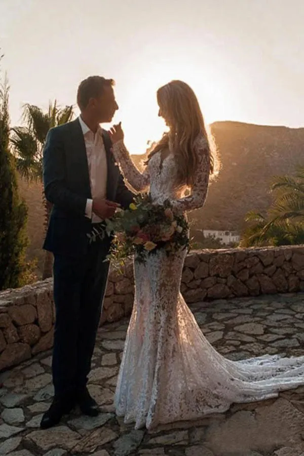Rustic Mermaid Long Sleeve White Lace Wedding Dress