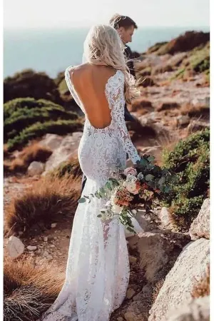 Rustic Mermaid Long Sleeve White Lace Wedding Dress