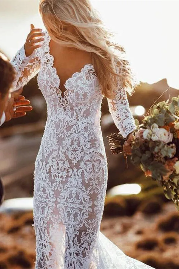 Rustic Mermaid Long Sleeve White Lace Wedding Dress