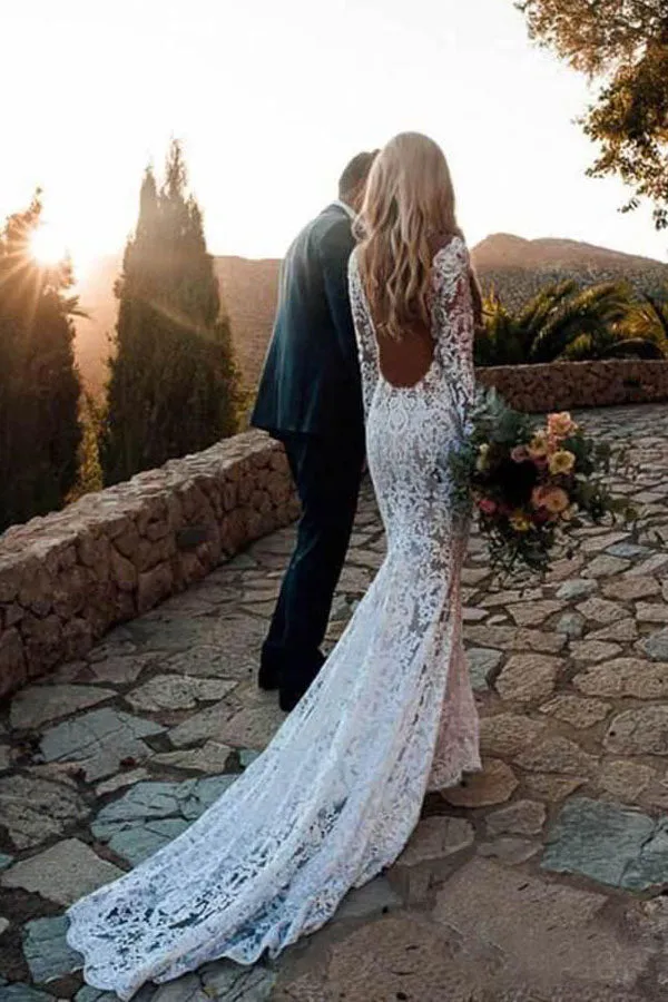 Rustic Mermaid Long Sleeve White Lace Wedding Dress