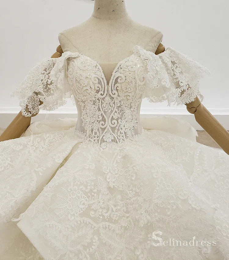 Selinadress Off-the-shoulder White Wedding Dress Short Sleeve Wedding Gowns SDW001
