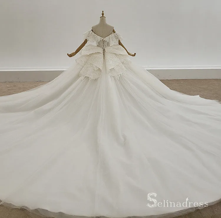 Selinadress Off-the-shoulder White Wedding Dress Short Sleeve Wedding Gowns SDW001