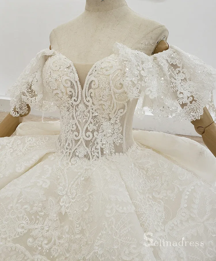 Selinadress Off-the-shoulder White Wedding Dress Short Sleeve Wedding Gowns SDW001