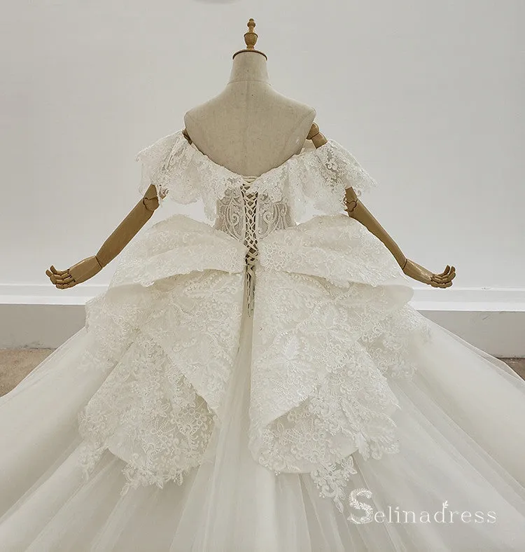 Selinadress Off-the-shoulder White Wedding Dress Short Sleeve Wedding Gowns SDW001