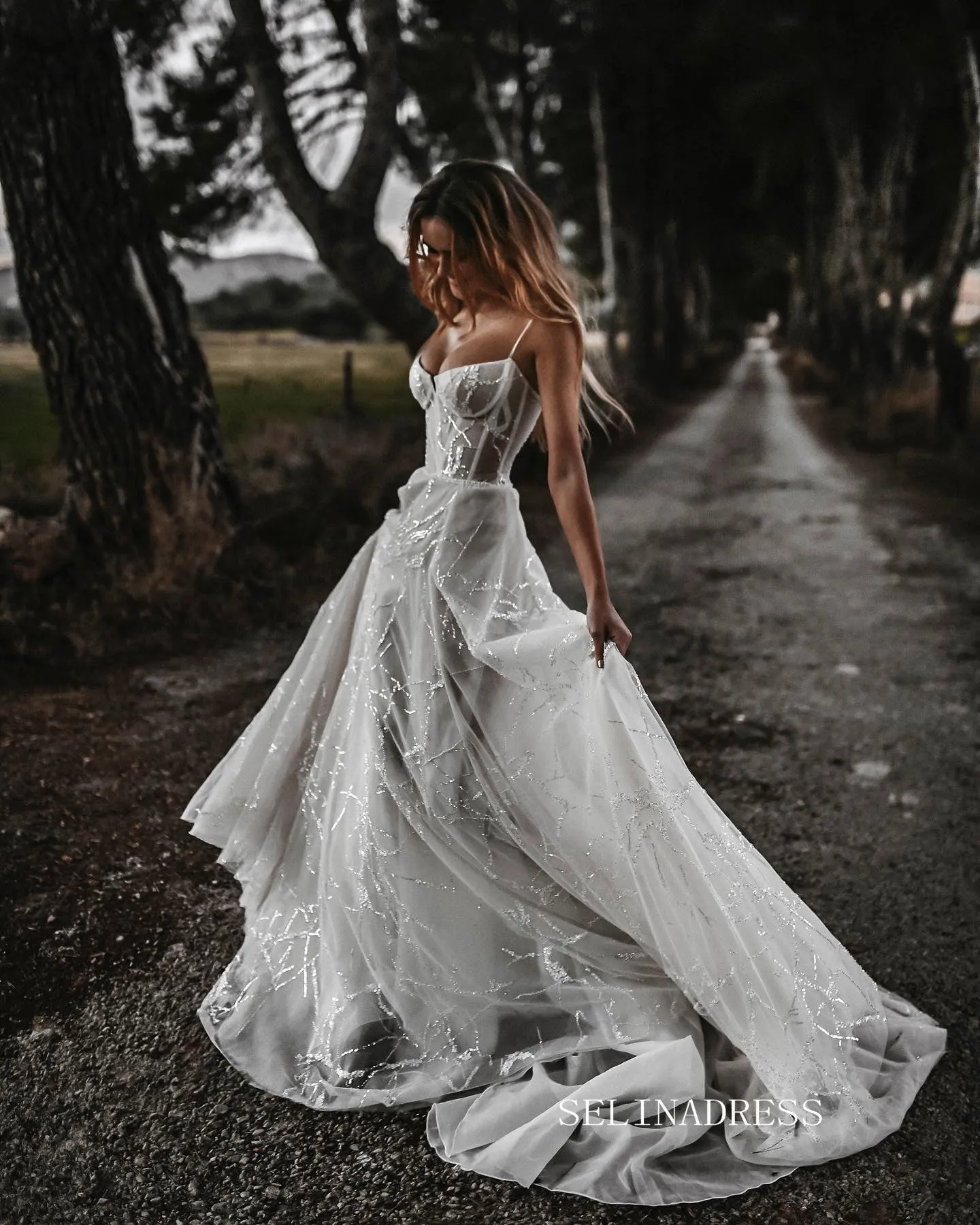 Sexy Boho Beach wedding dress Tulle Spaghetti Neck Beaded Long Bridal Dresses A Line Crystal wedding dress ASK006