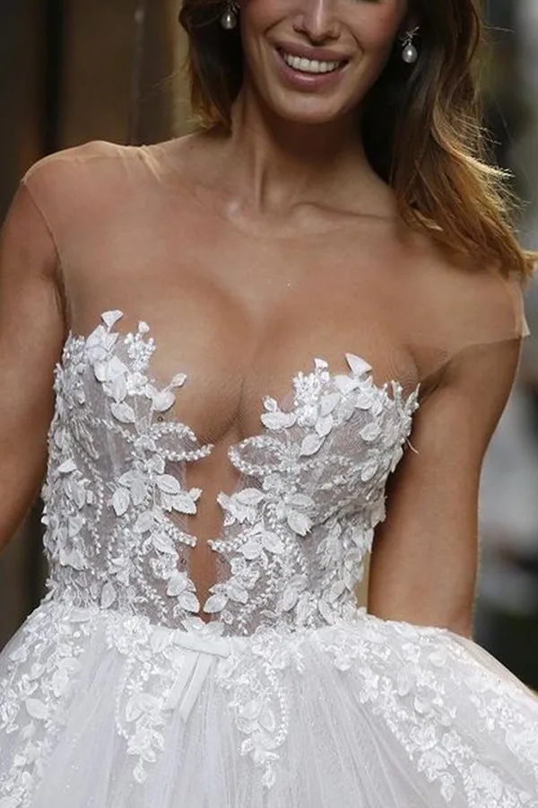 Sheer A-line Wedding Dress Floor Length With Tulle Appliques